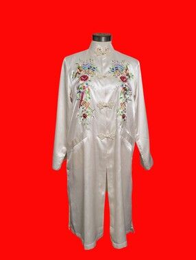 Ivory Satin Embroidered Mandarin Jacket with Floral Motif Size M
